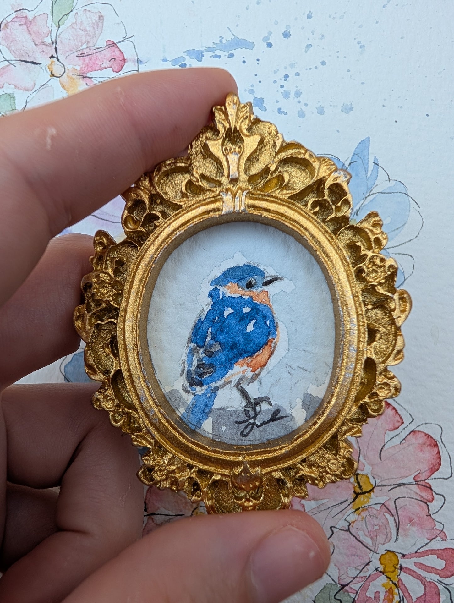 Mini Bluebird Painting - Original Watercolor Art by Lora Cavallin
