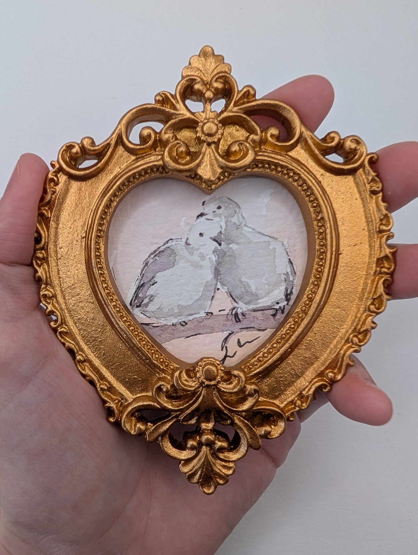 Mini Doves in Love Painting - Original Watercolor Art by Lora Cavallin
