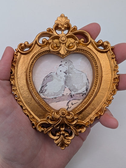 Mini Doves in Love Painting - Original Watercolor Art by Lora Cavallin