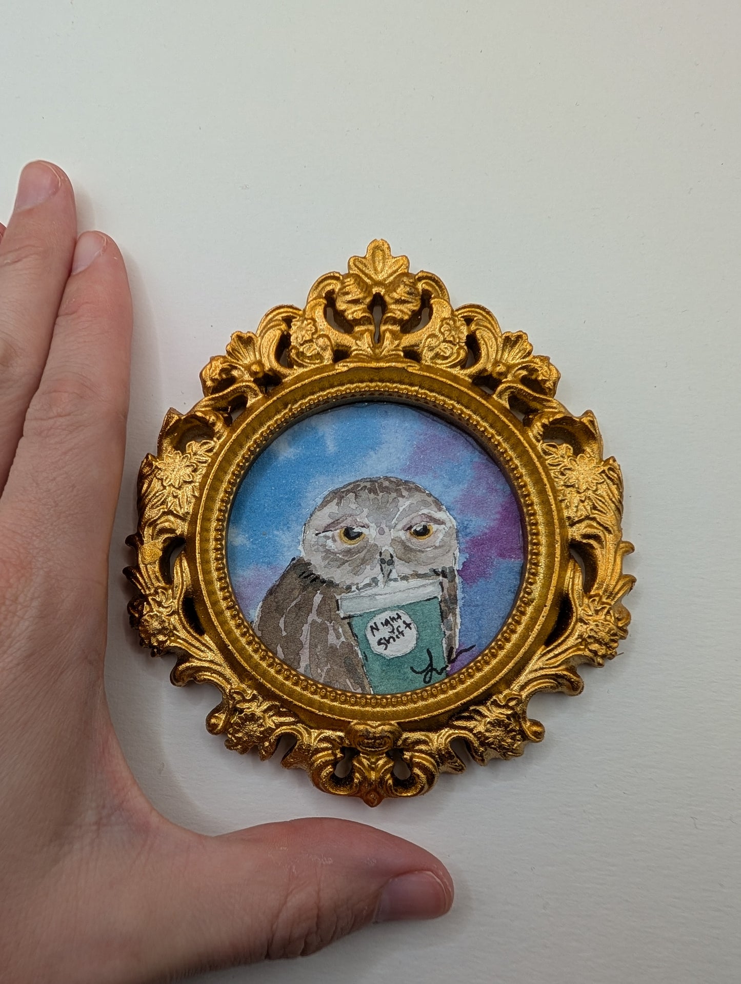Mini Owl with "Night Shift" Coffee Painting - Original Watercolor Art by Lora Cavallin