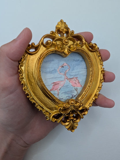 Mini Flamingos in Love Painting - Original Watercolor Art by Lora Cavallin