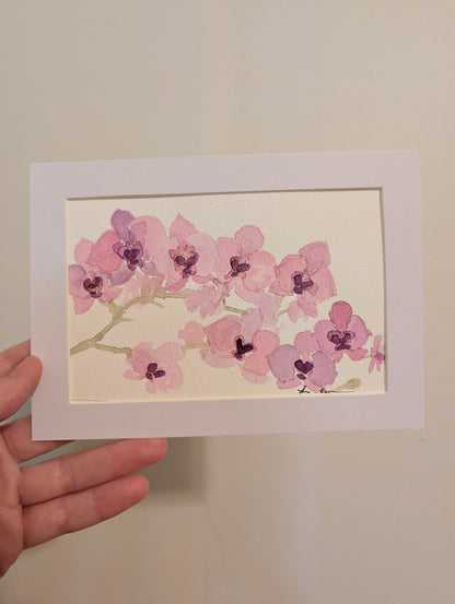 Orchid Flowers Watercolor Painting - 4 x 6" - No Frame, Comes with Mat - Art by Lora Cavallin