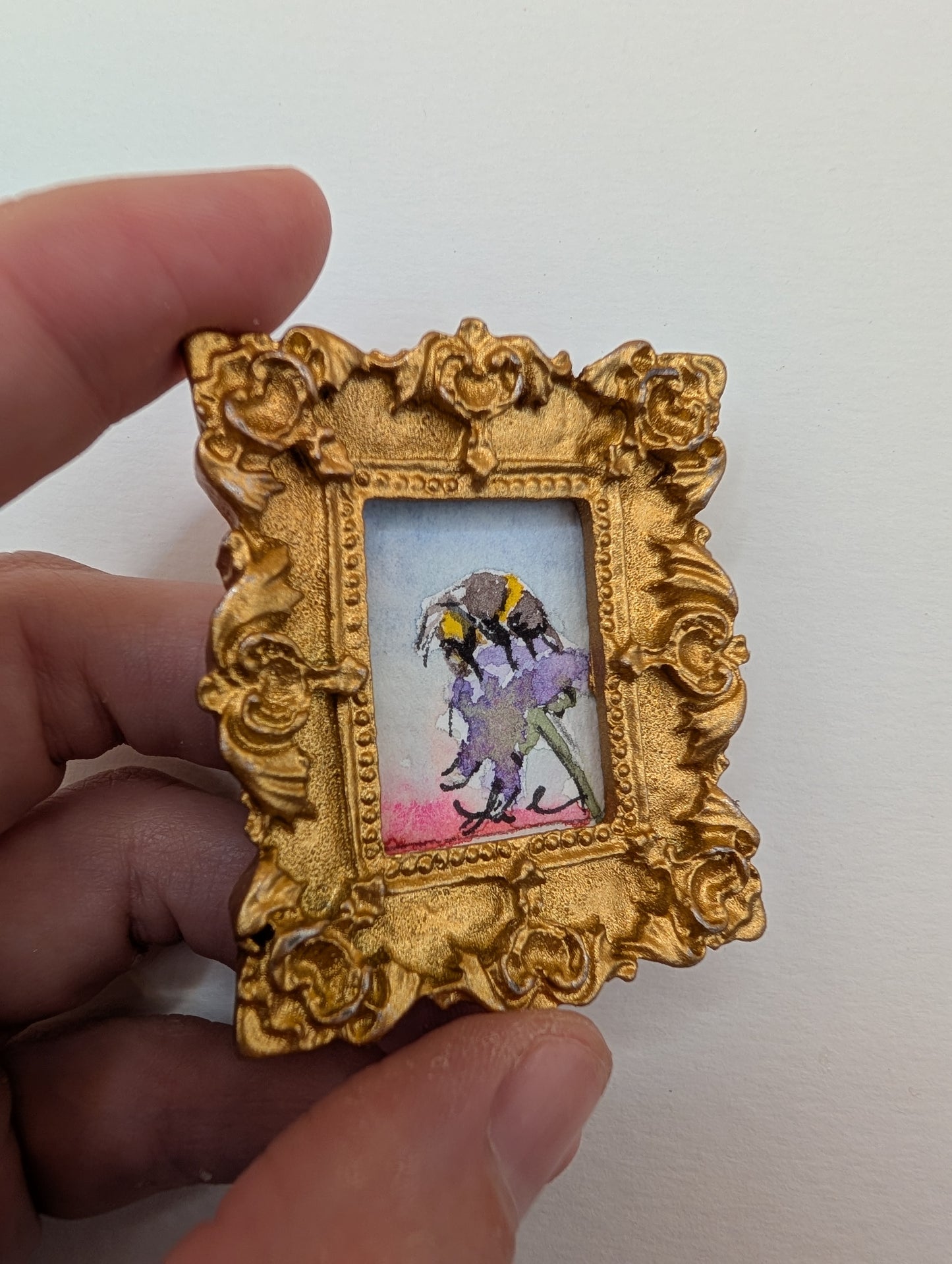 Mini Bee on Flower Painting - Original Watercolor Art by Lora Cavallin