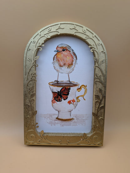 Robin on Teacup - Arched Framed Print