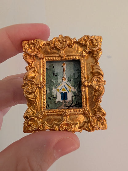 Mini Church at Night Painting - Original Watercolor Art by Lora Cavallin