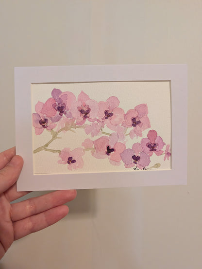 Orchid Flowers Watercolor Painting - 4 x 6" - No Frame, Comes with Mat - Art by Lora Cavallin
