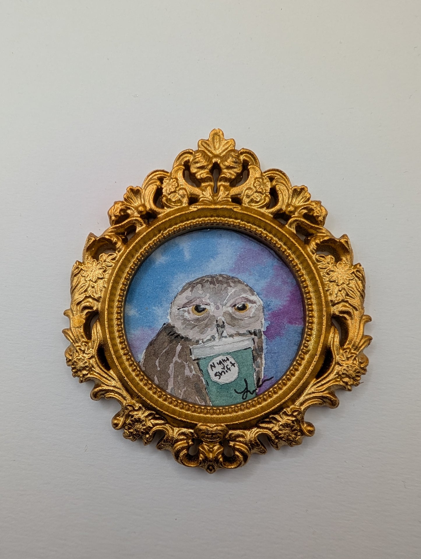 Mini Owl with "Night Shift" Coffee Painting - Original Watercolor Art by Lora Cavallin