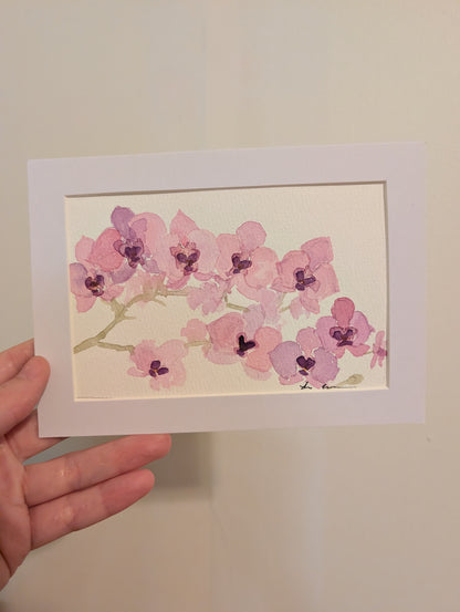 Orchid Flowers Watercolor Painting - 4 x 6" - No Frame, Comes with Mat - Art by Lora Cavallin