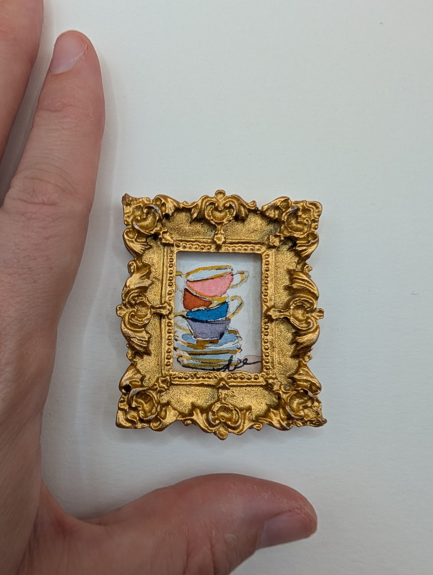 Mini Stack of Teacups Painting - Original Watercolor Art by Lora Cavallin