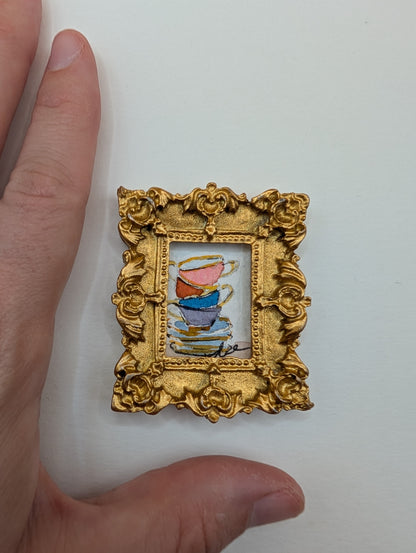 Mini Stack of Teacups Painting - Original Watercolor Art by Lora Cavallin