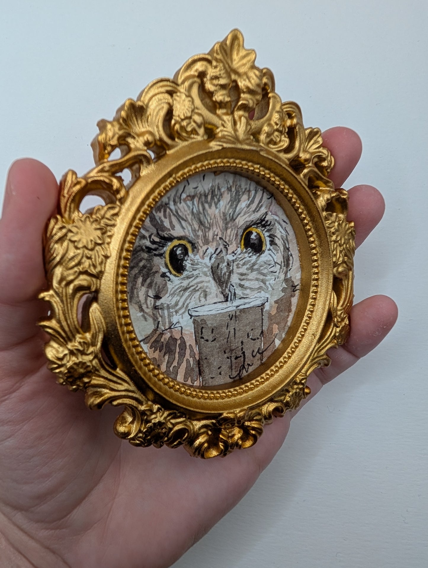 Mini Owl with Iced Drink Painting - Original Watercolor Art by Lora Cavallin