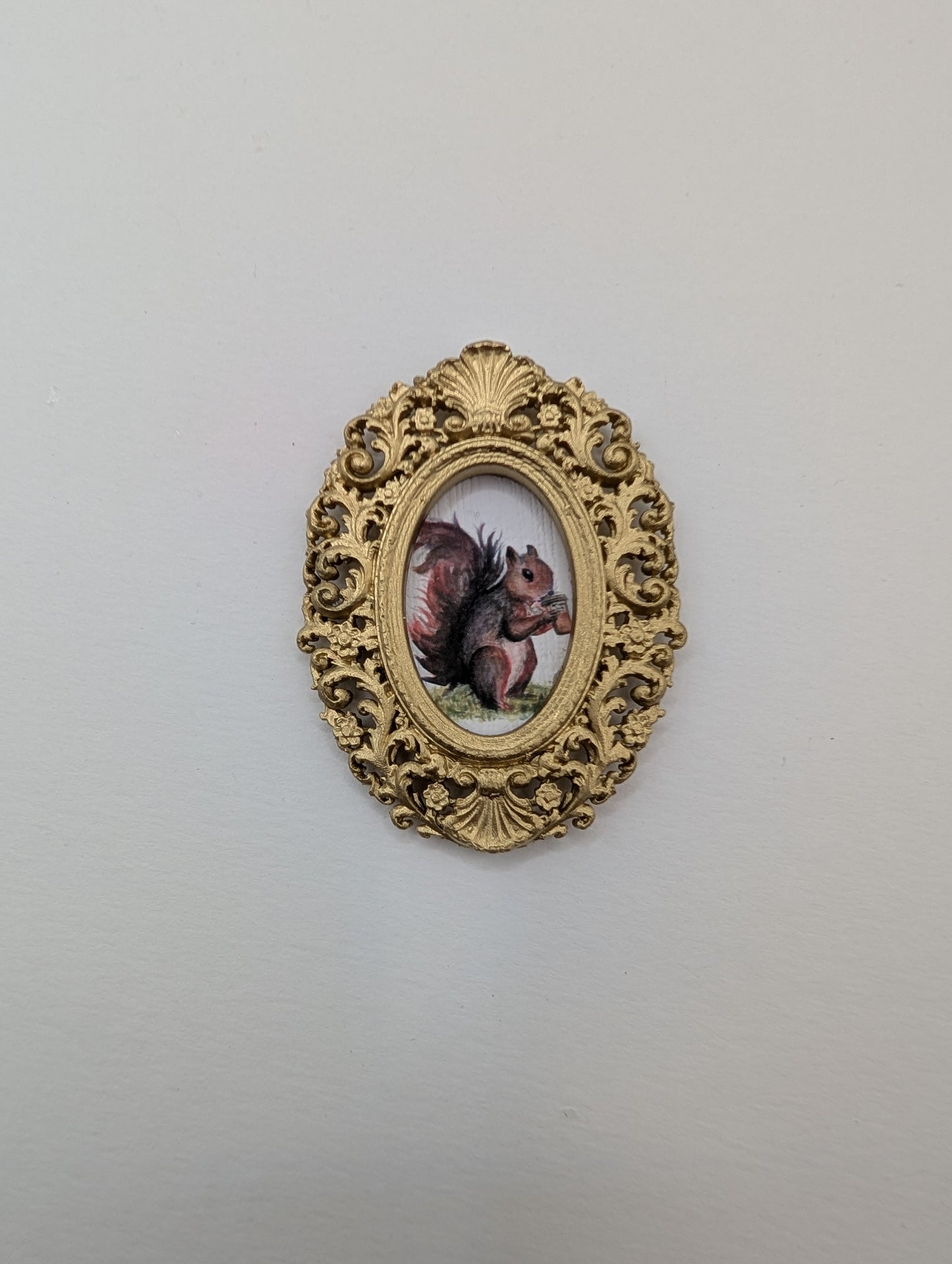 Tiny Squirrel Drinking Coffee Art Print - Dollhouse Size - With Gold Frame