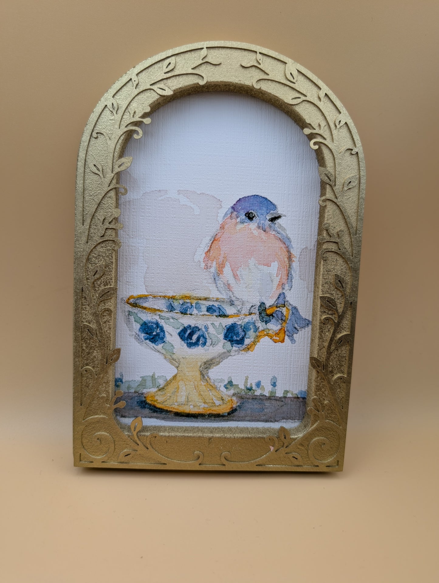 Loose Watercolor Bluebird on Teacup Print - Arched Framed Print