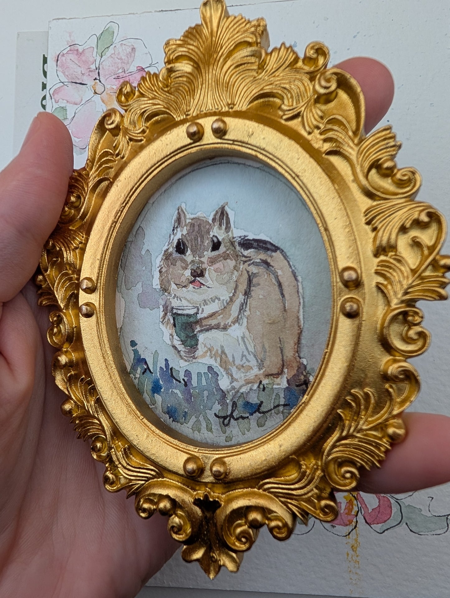 Mini Chipmunk with Coffee Painting - Original Watercolor Art by Lora Cavallin