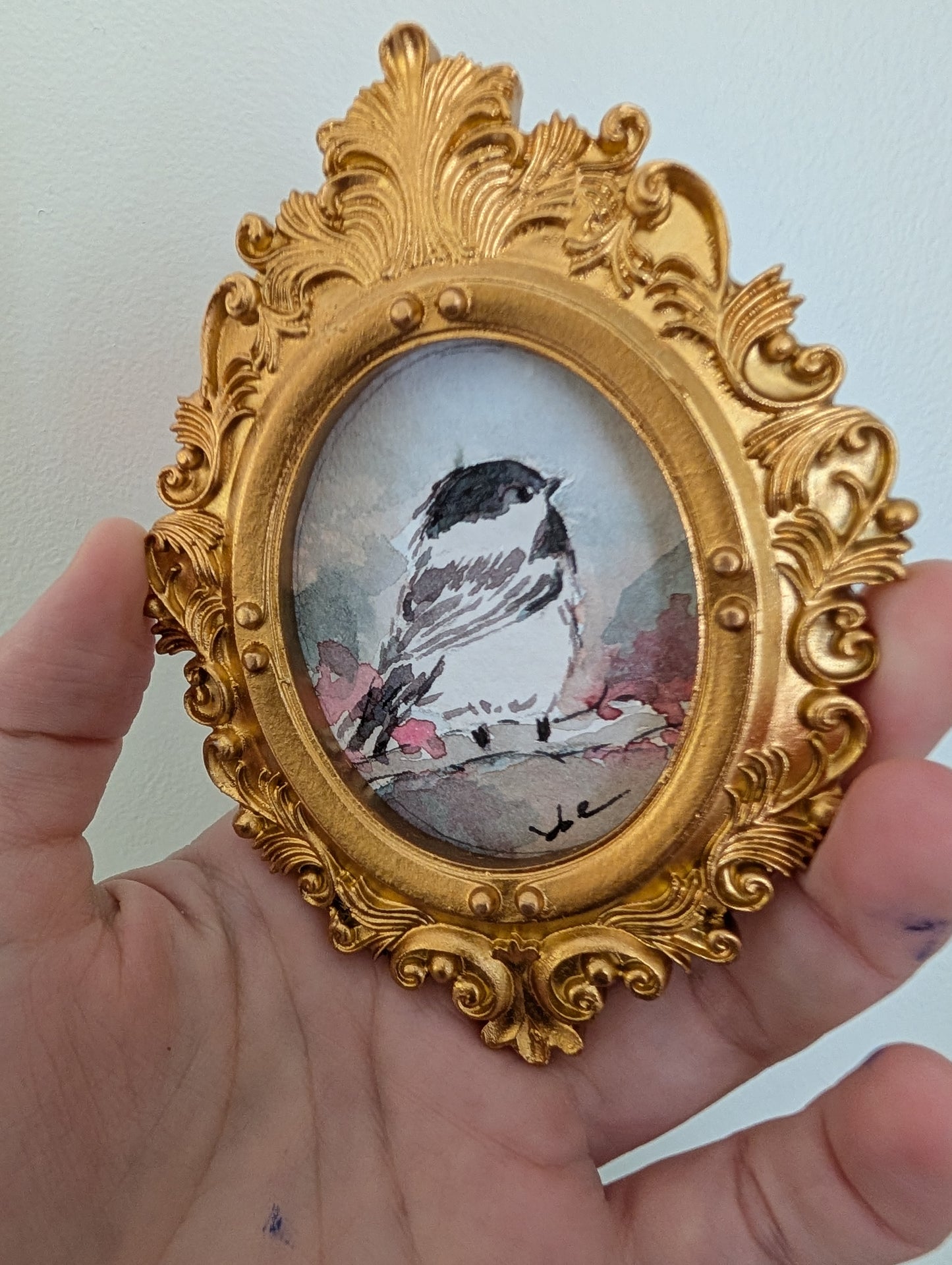 Mini Chickadee Bird Painting - Original Watercolor Art by Lora Cavallin