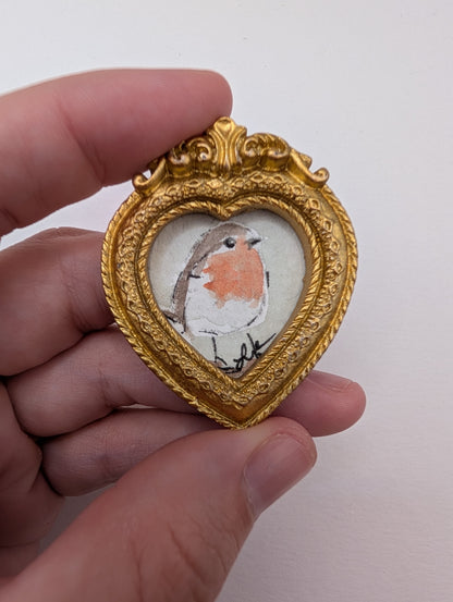 Mini Robin Bird in Heart Frame Painting - Original Watercolor Art by Lora Cavallin
