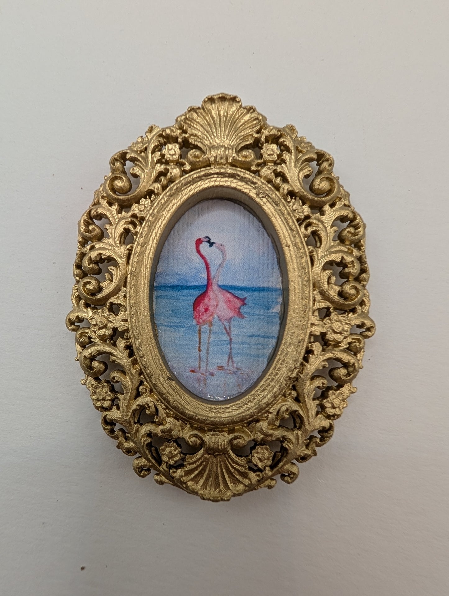 Tiny Flamingos in Love Watercolor Art Print - Dollhouse Size - With Gold Frame