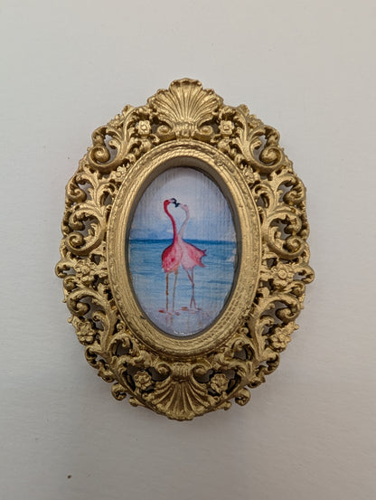 Tiny Flamingos in Love Watercolor Art Print - Dollhouse Size - With Gold Frame