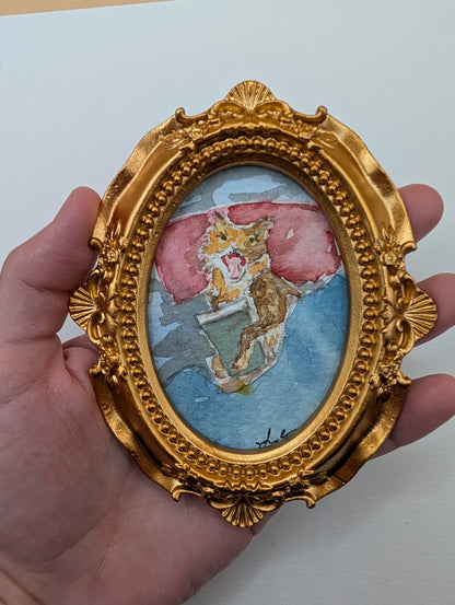 Mini Cranky Cat with Coffee Painting - Original Watercolor Art by Lora Cavallin