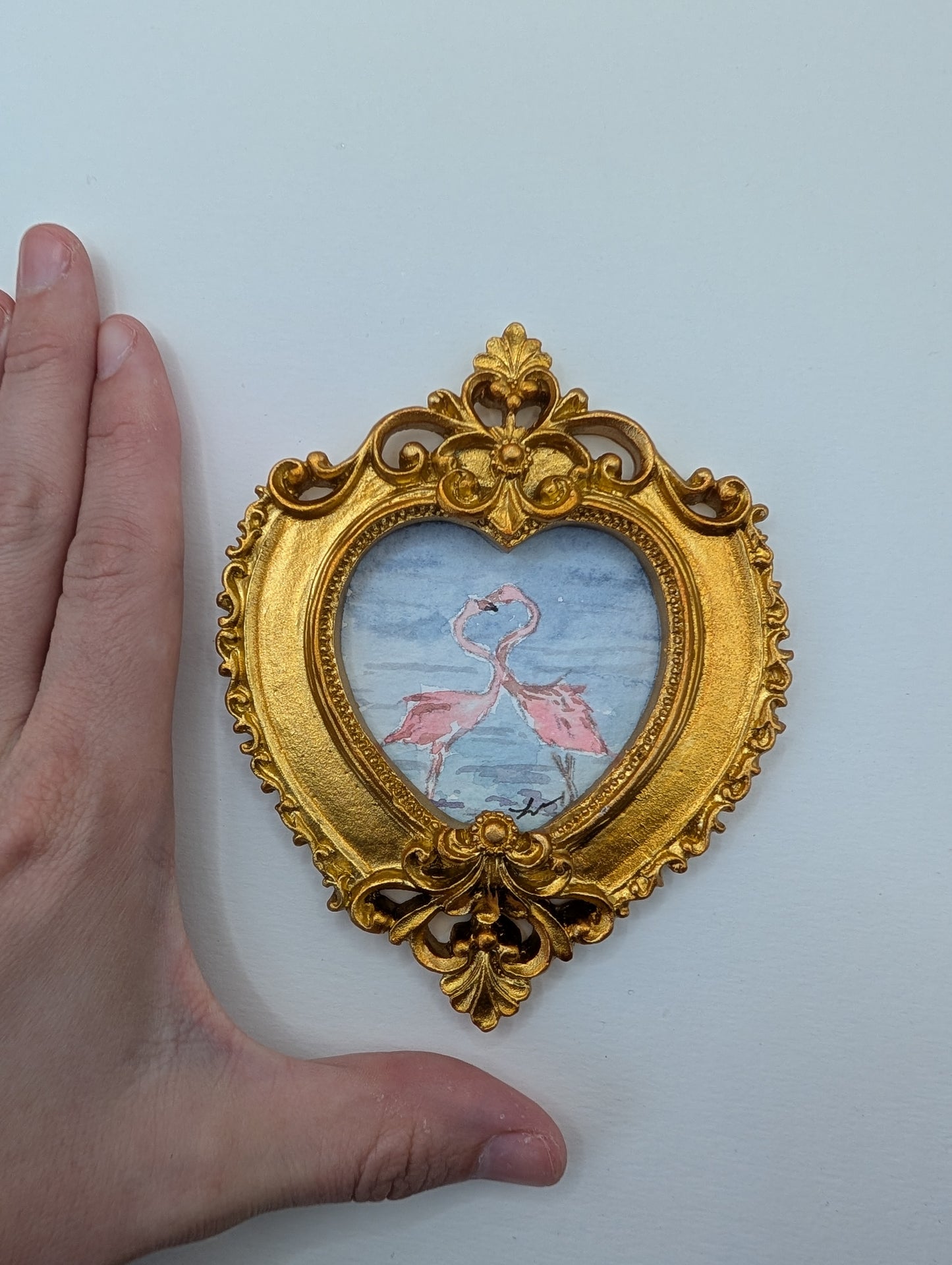 Mini Flamingos in Love Painting - Original Watercolor Art by Lora Cavallin