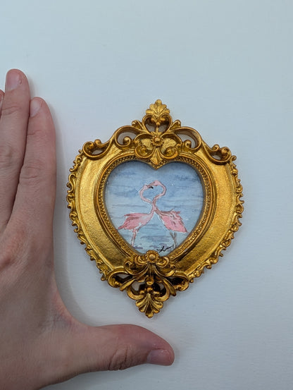 Mini Flamingos in Love Painting - Original Watercolor Art by Lora Cavallin