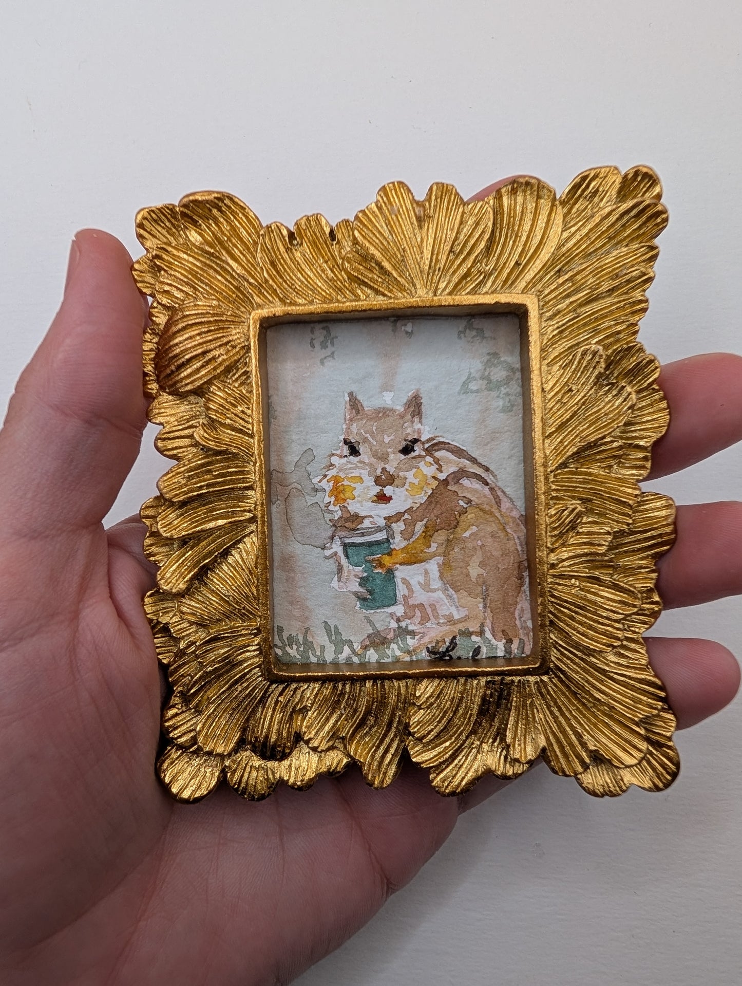 Mini Chipmunk with Coffee Painting - Original Watercolor Art by Lora Cavallin