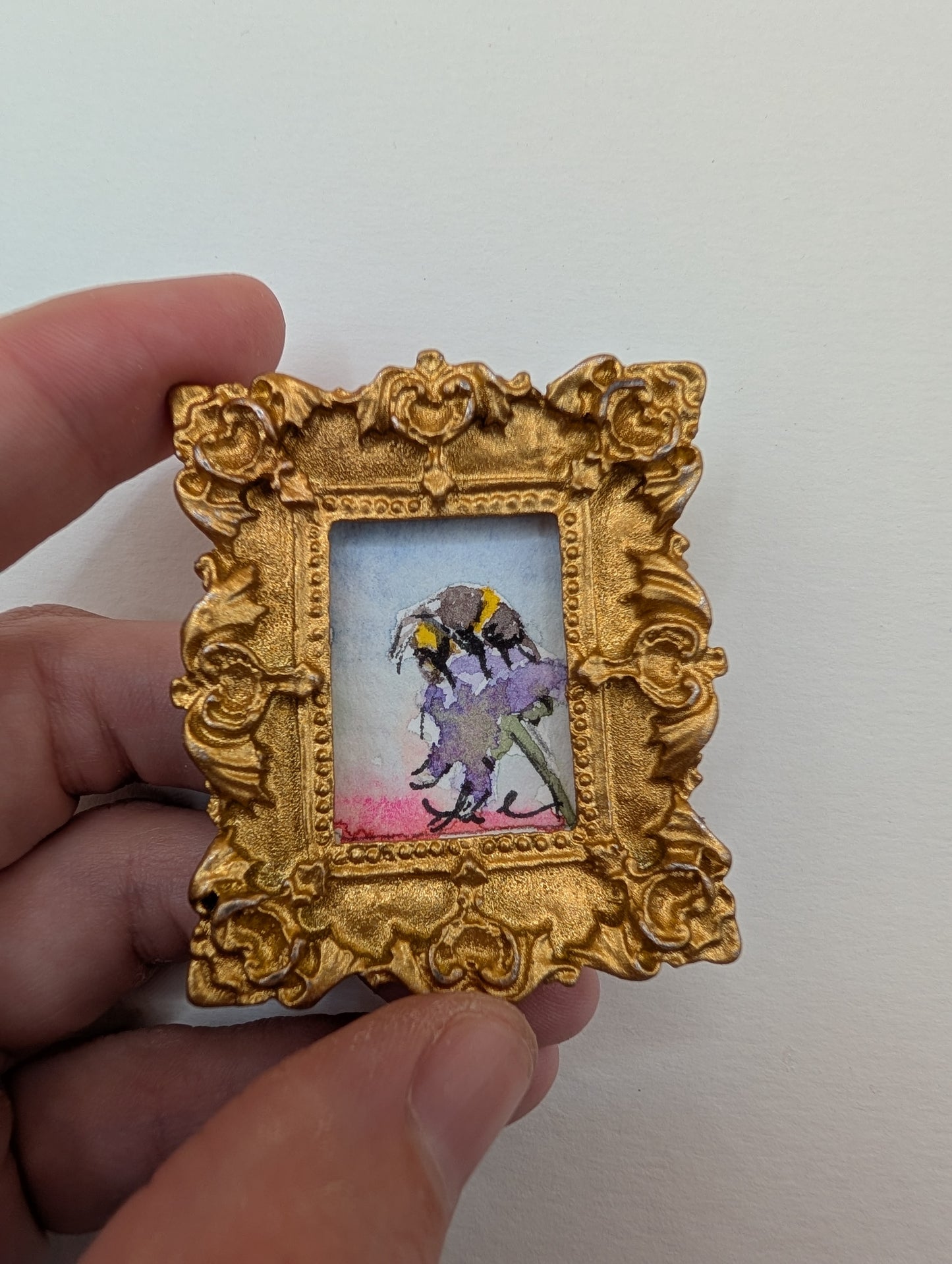 Mini Bee on Flower Painting - Original Watercolor Art by Lora Cavallin