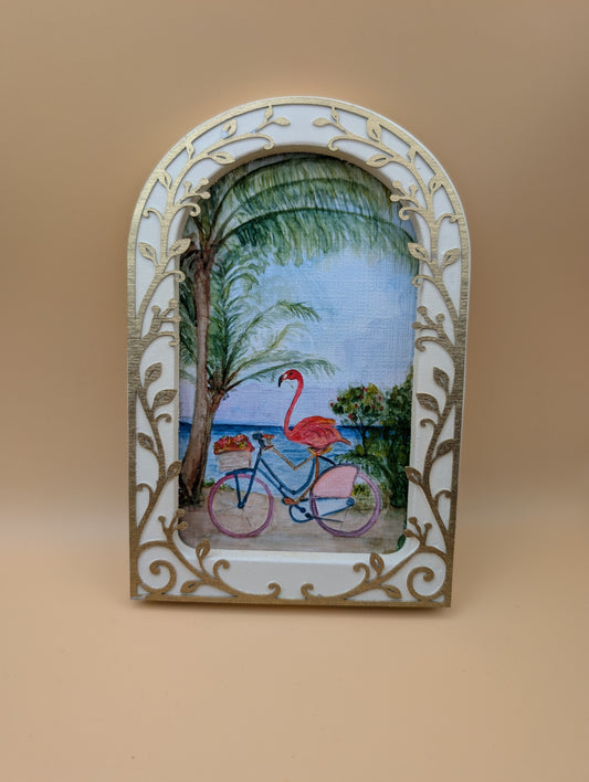 Flamingo Beach Day Print - Arched Framed Print