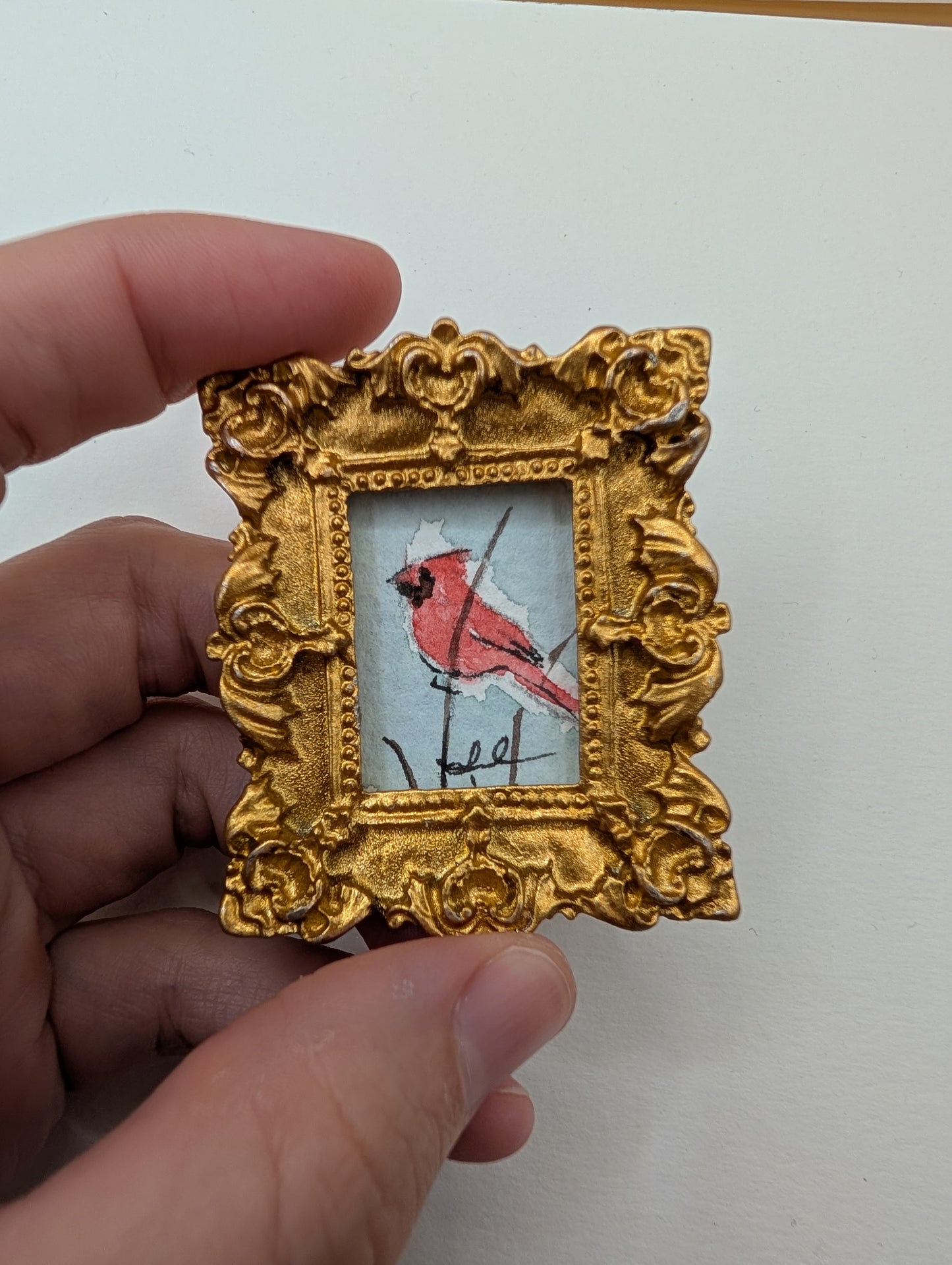 Mini Cardinal Bird Painting - Original Watercolor Art by Lora Cavallin