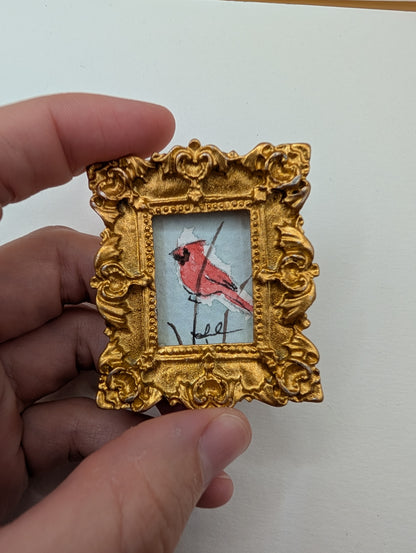 Mini Cardinal Bird Painting - Original Watercolor Art by Lora Cavallin