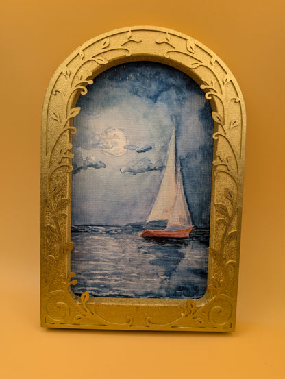 Sailboat and Full Moon Print - Arched Framed Print