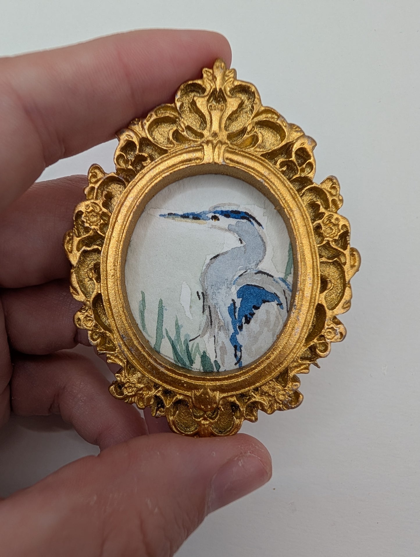 Mini Blue Heron Painting - Original Watercolor Art by Lora Cavallin