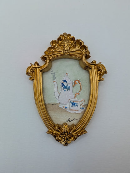 Mini Tea Pot and Cup Painting - Original Watercolor Art by Lora Cavallin