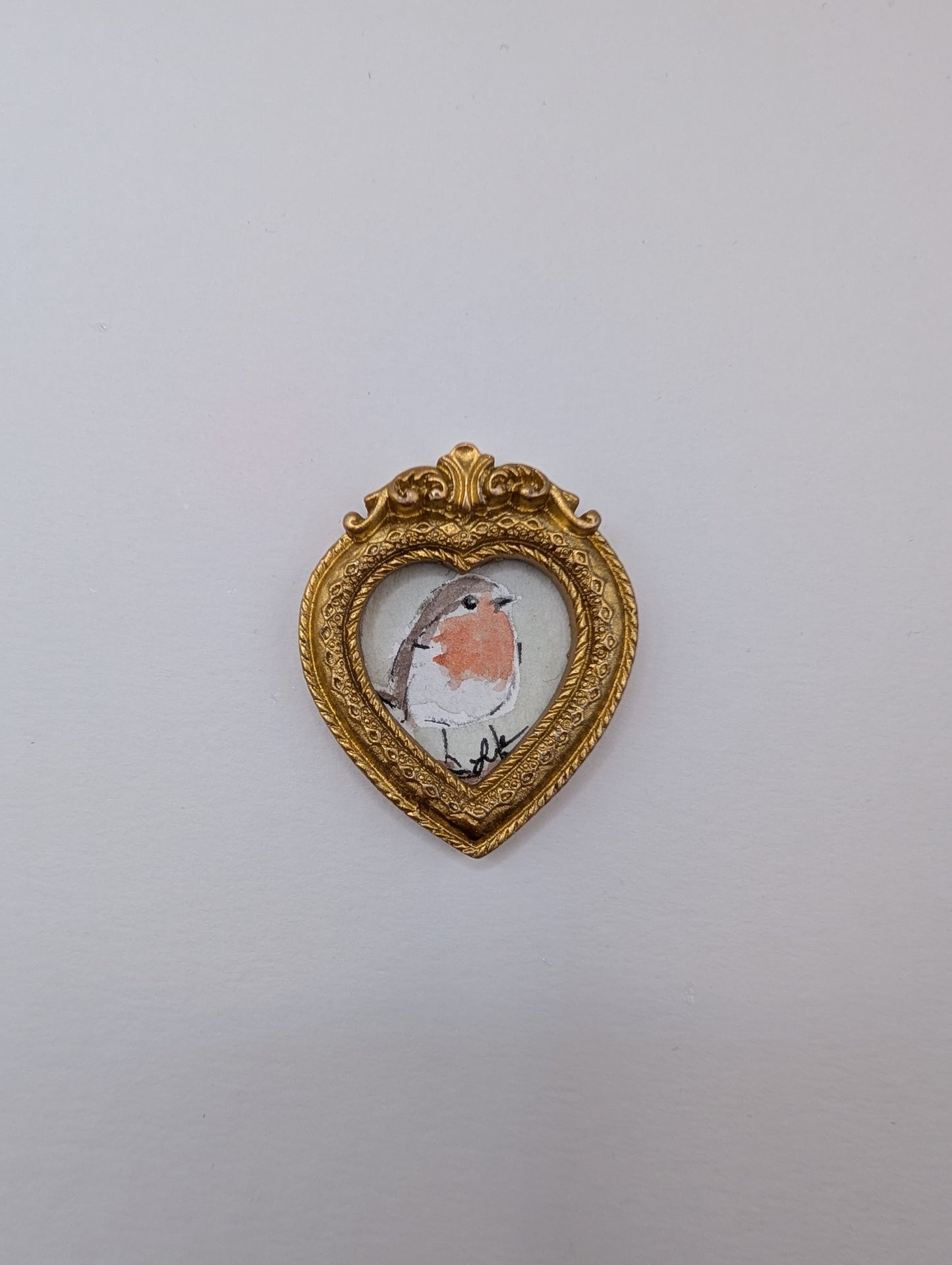 Mini Robin Bird in Heart Frame Painting - Original Watercolor Art by Lora Cavallin