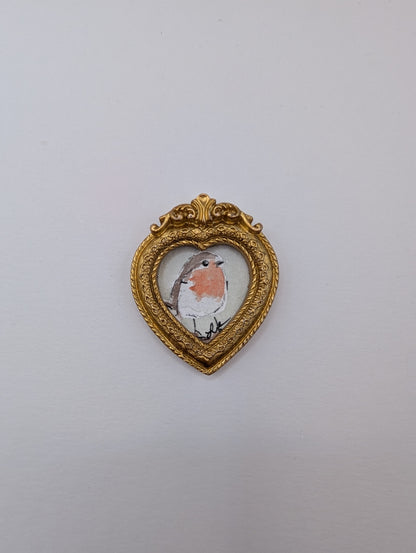 Mini Robin Bird in Heart Frame Painting - Original Watercolor Art by Lora Cavallin