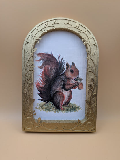 Squirrel Drinking Coffee Print - Arched Framed Print