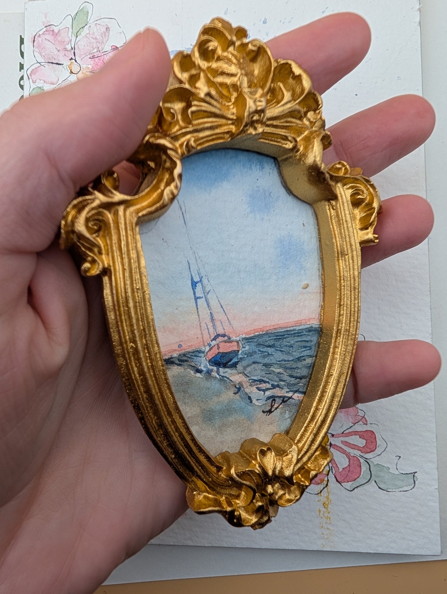 Mini Sailboat on Beach Painting - Original Watercolor Art by Lora Cavallin