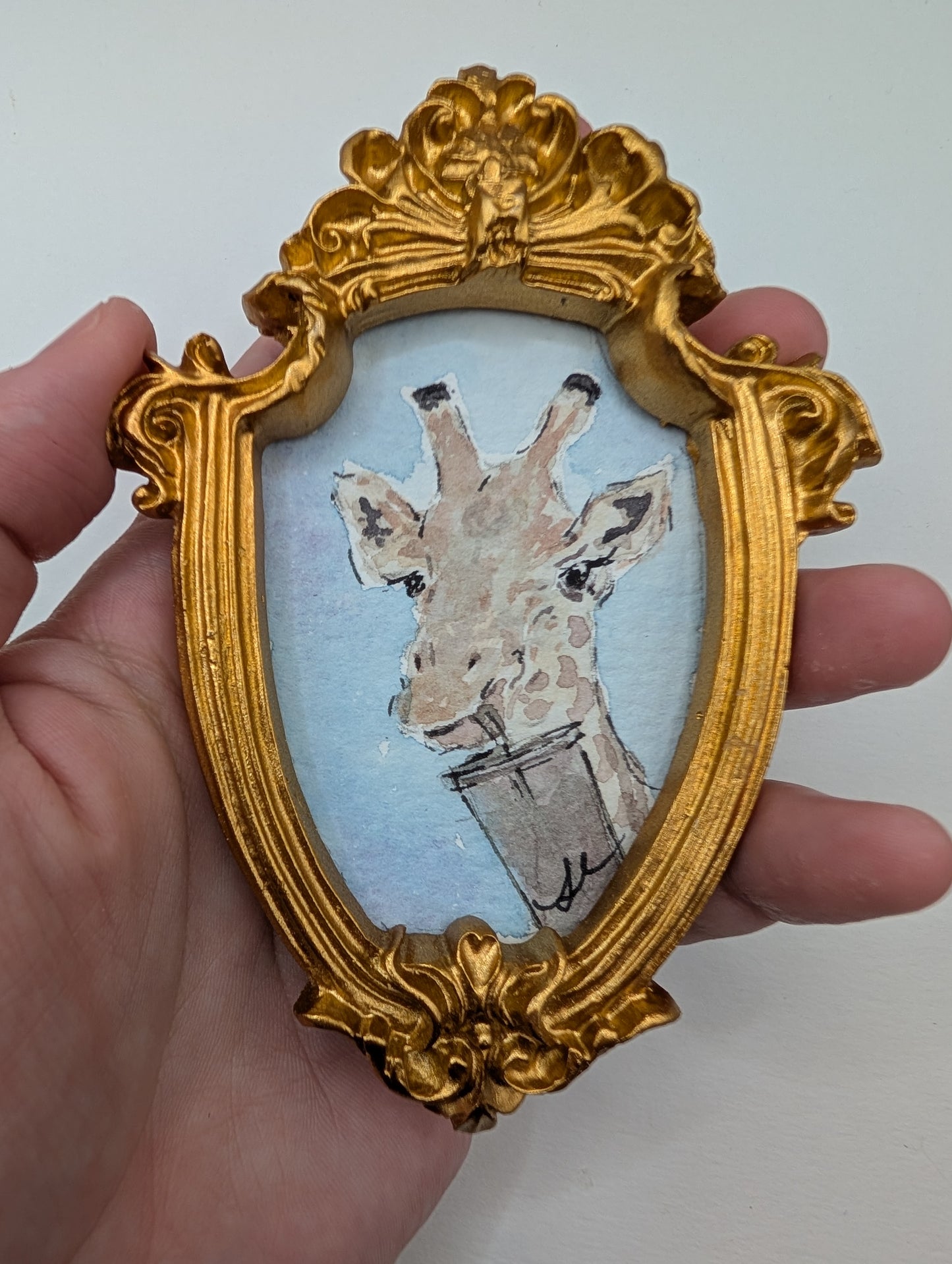 Mini Giraffe with Drink Painting - Original Watercolor Art by Lora Cavallin