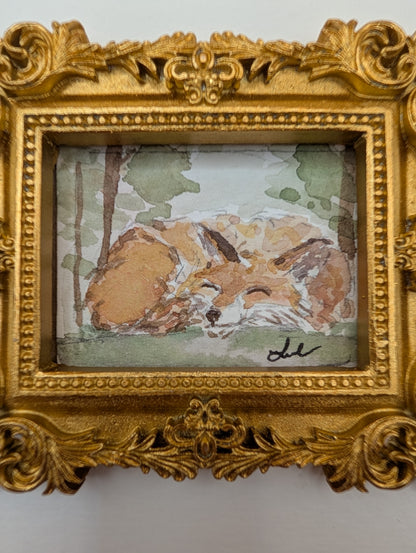 Mini Sleeping Fox Painting - Original Watercolor Art by Lora Cavallin