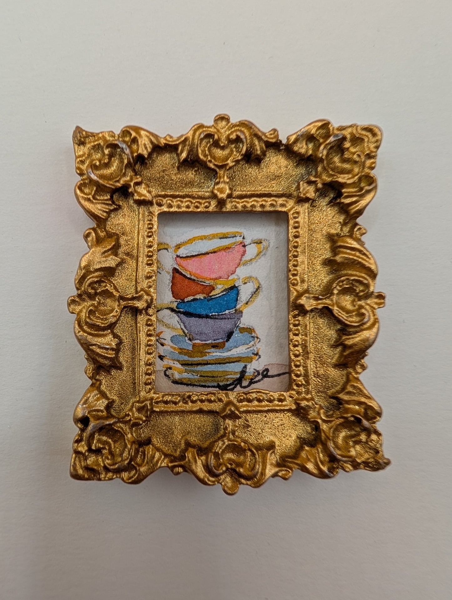 Mini Stack of Teacups Painting - Original Watercolor Art by Lora Cavallin