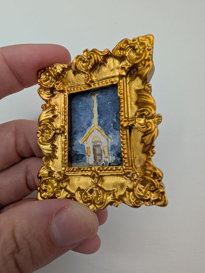 Mini Church at Night Painting - Original Watercolor Art by Lora Cavallin