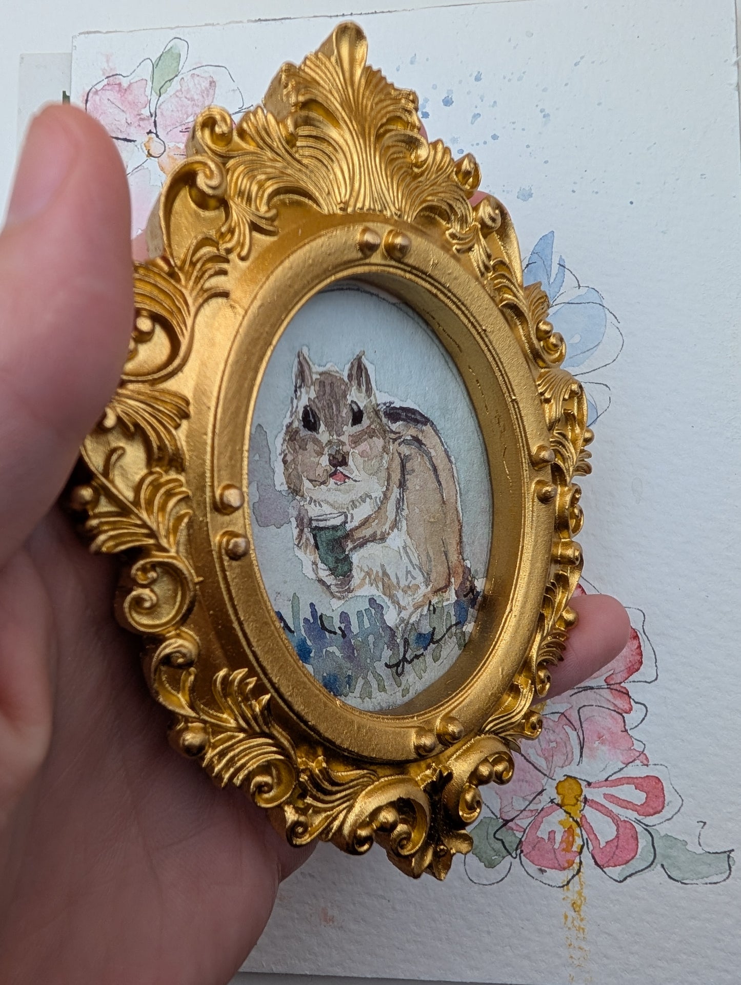 Mini Chipmunk with Coffee Painting - Original Watercolor Art by Lora Cavallin