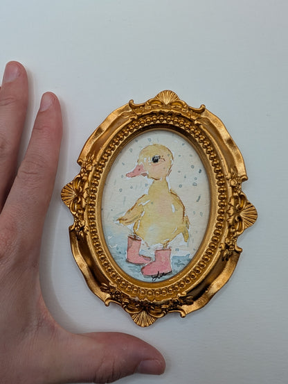 Mini Baby Duck with Boots Painting - Original Watercolor Art by Lora Cavallin