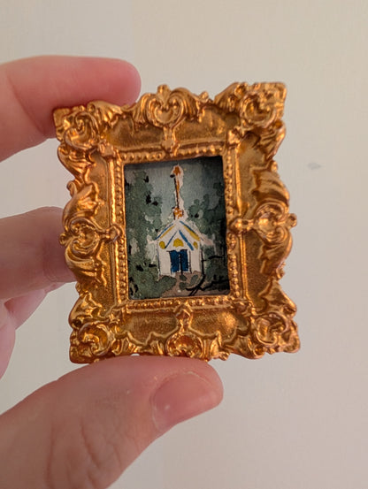 Mini Church at Night Painting - Original Watercolor Art by Lora Cavallin