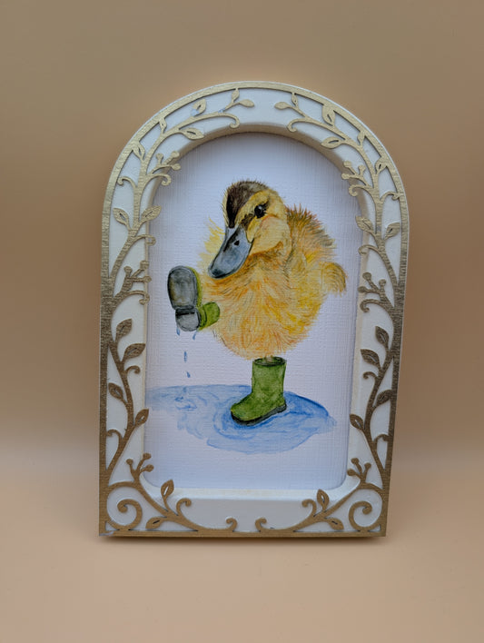 Duck Playing in Puddle Print - Arched Framed Print