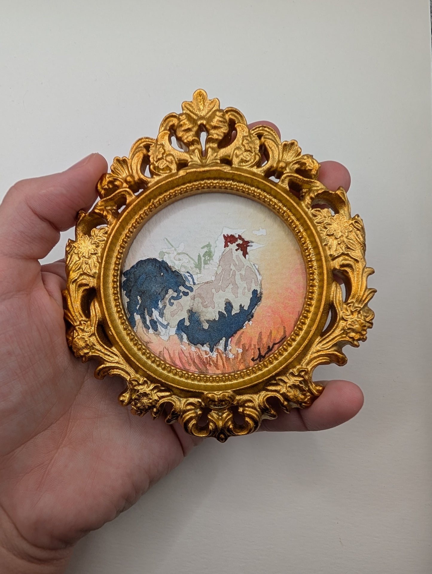 Mini Rooster Painting - Original Watercolor Art by Lora Cavallin