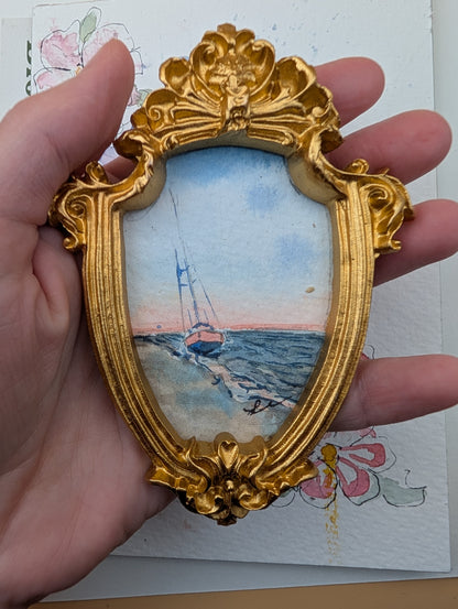 Mini Sailboat on Beach Painting - Original Watercolor Art by Lora Cavallin