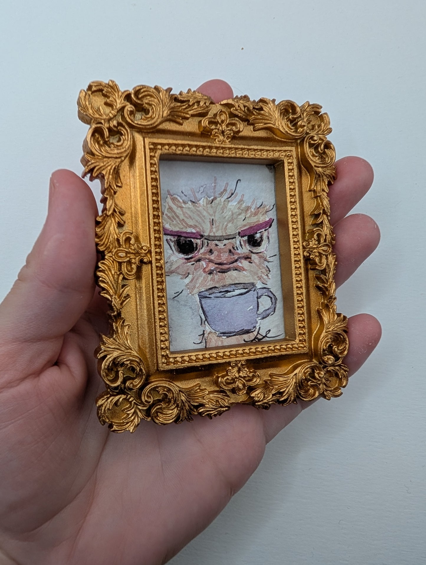 Mini Ostrich with Glasses and Mug Painting - Original Watercolor Art by Lora Cavallin