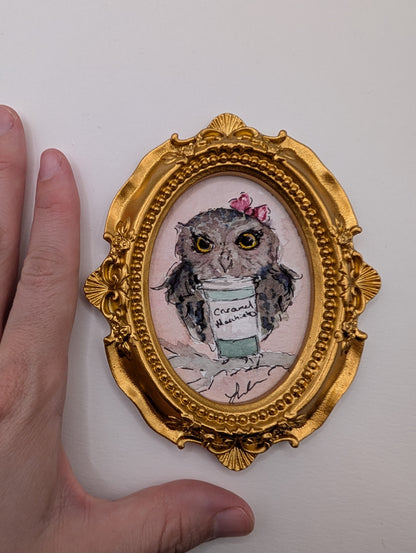 Mini Owl with Caramel Macchiato Painting - Original Watercolor Art by Lora Cavallin