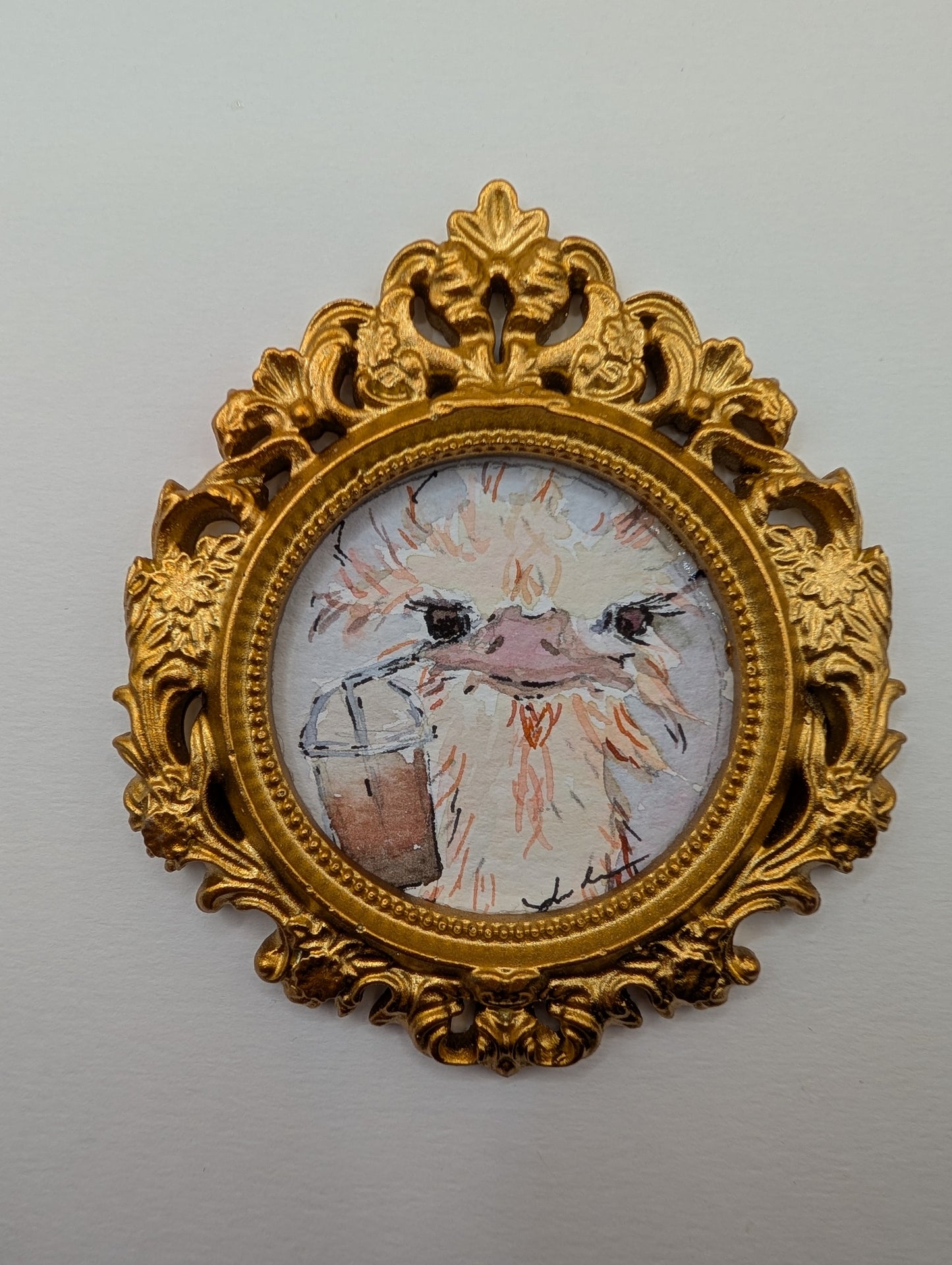 Mini Ostrich with Frozen Coffee Painting - Original Watercolor Art by Lora Cavallin
